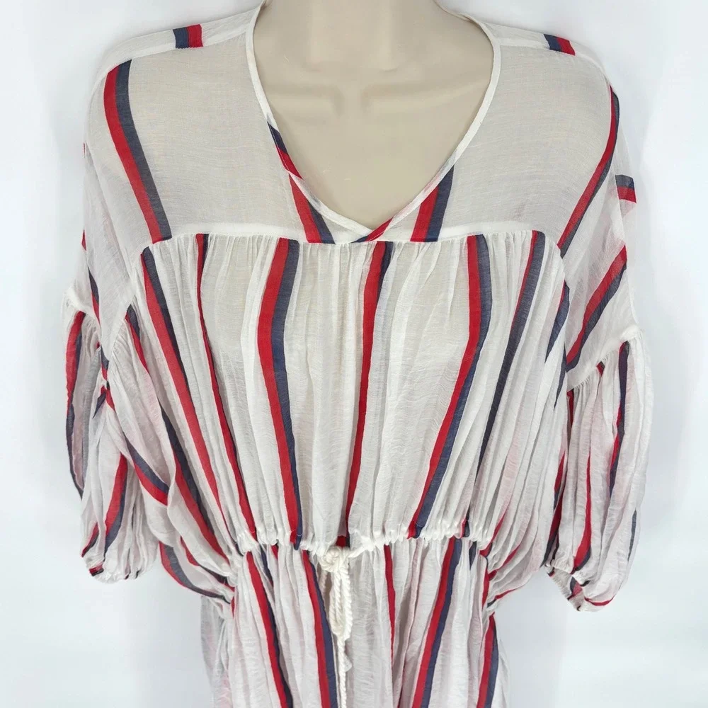 Lovebinetti Womens Small Red White Blue Striped Cotton Gauze Midi Dress Boho